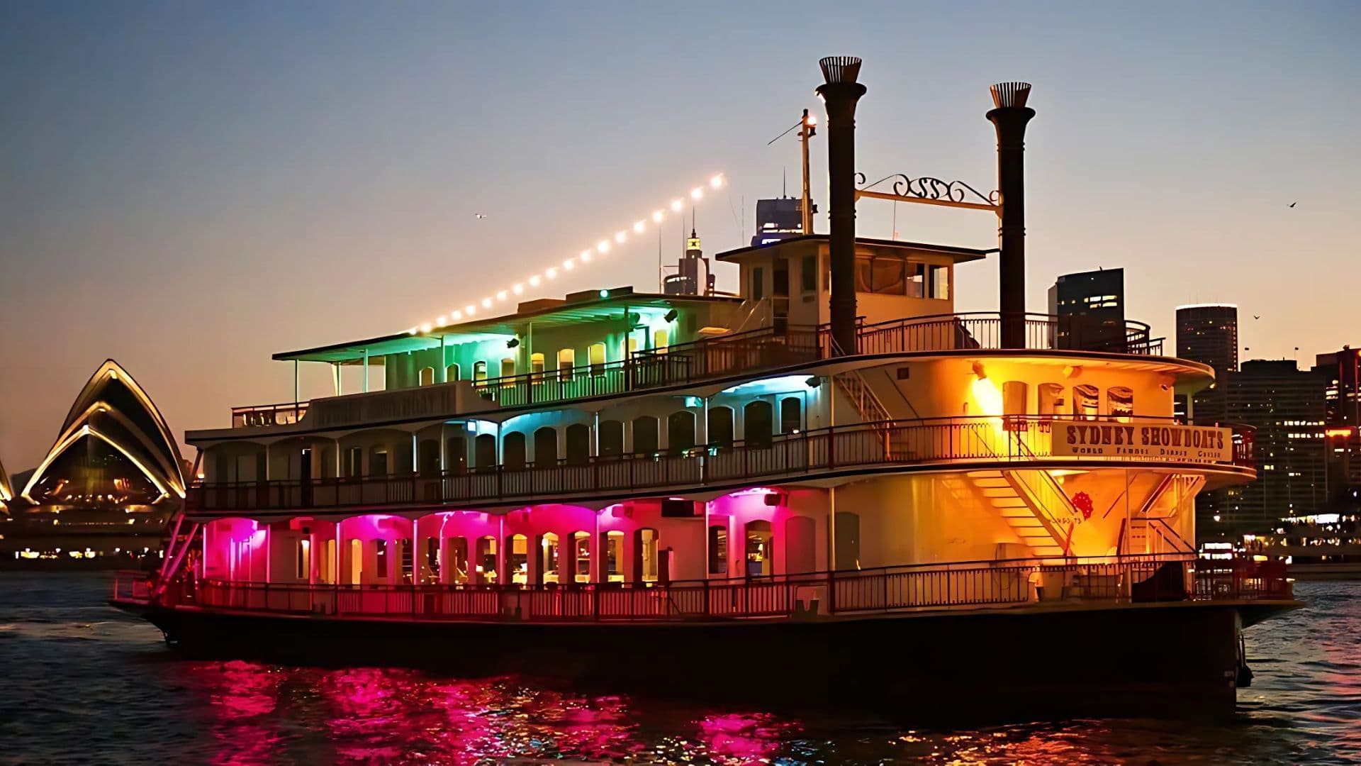 Experience a captivating Showboat Dinner Cruise in Sydney, enjoying gourmet dining with panoramic views of the Sydney Harbour, including the iconic Opera House and Harbour Bridge.